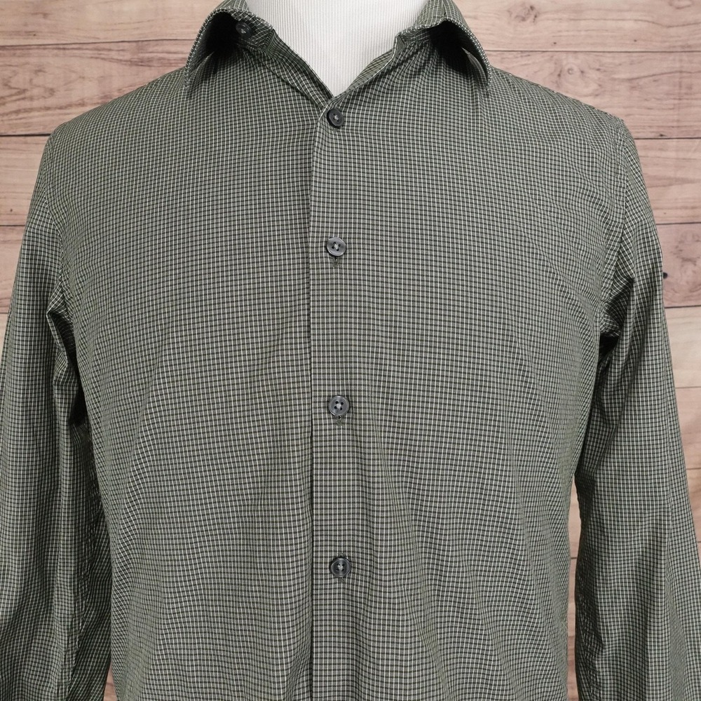 APT.9 Shirt Mens M 15-15.5 34/35 Green Check Button-Up Slim Fit Premier Flex